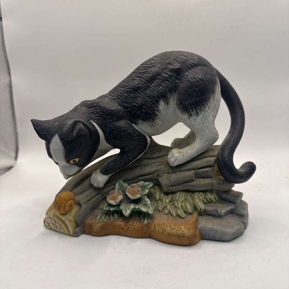 Vintage Porcelain Black White Cat Stalking Snail Garden Figurine 7” *
